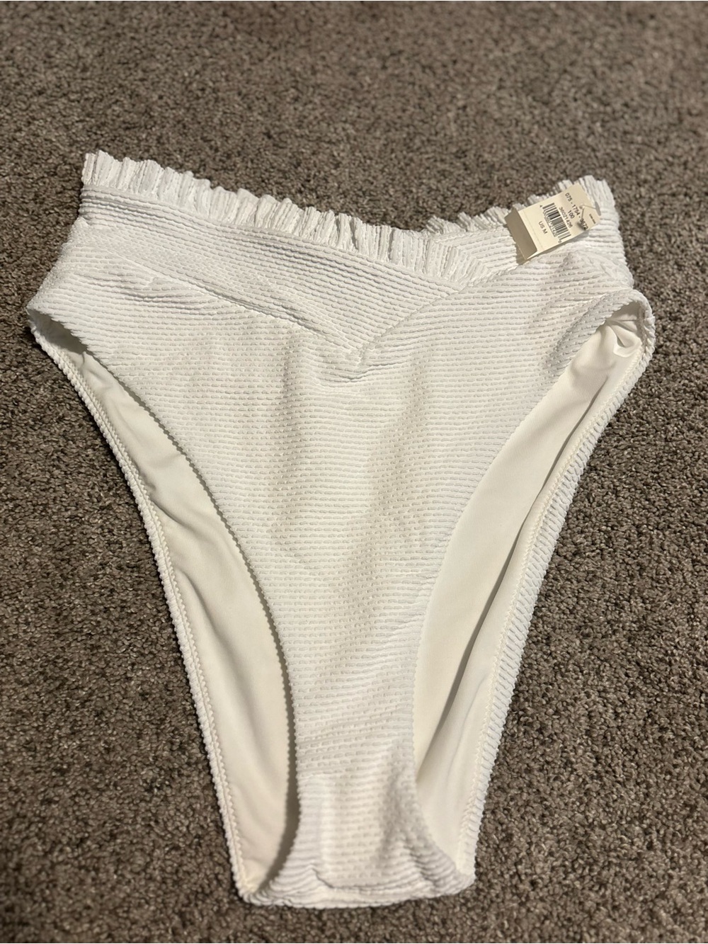 aerie White Ribbed High-Waist Bikini Bottoms with Ruffle Trim